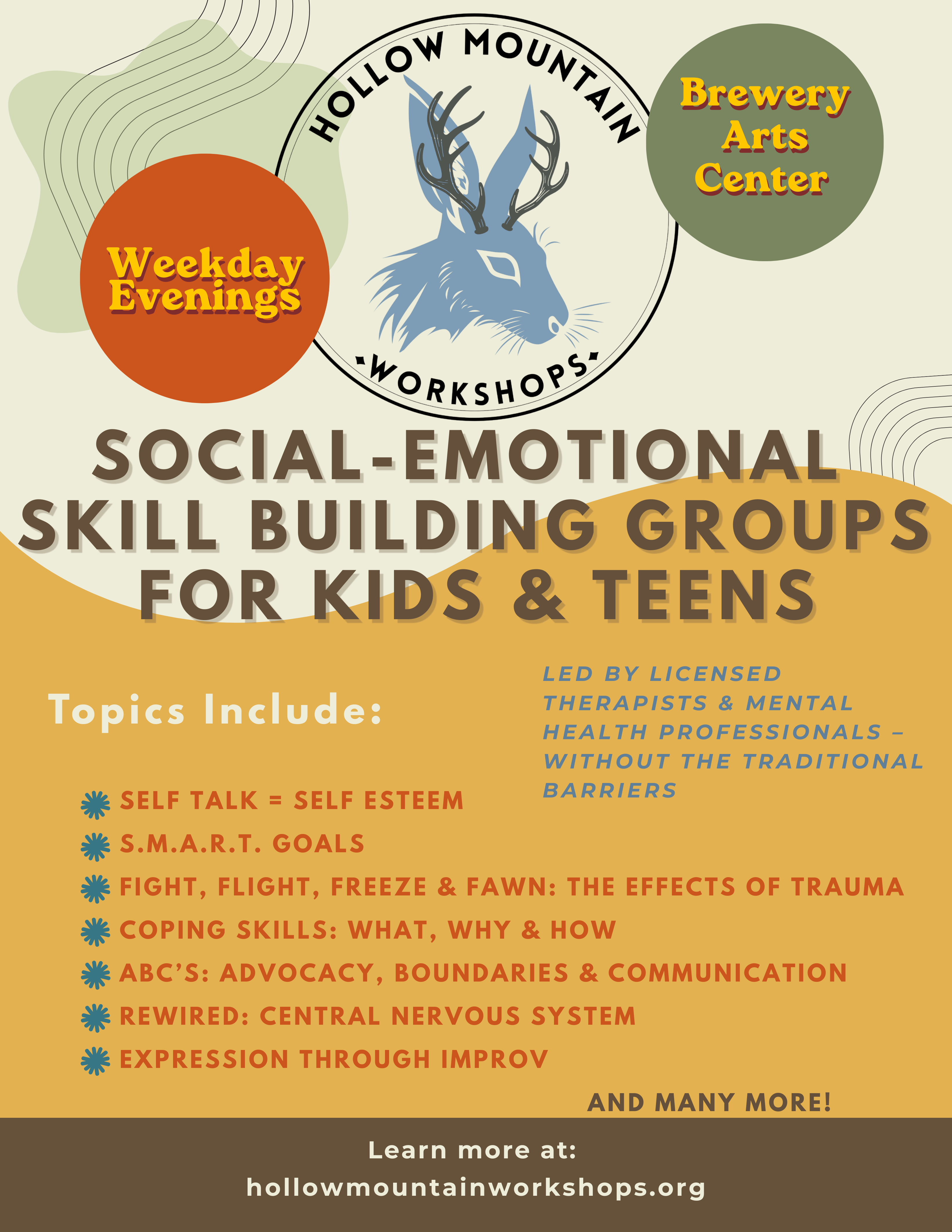 Social-emotional skill building groups flyer for kids and teens at Hollow Mountain Workshops, covering self-esteem, coping skills, trauma responses, communication, boundaries and improv.