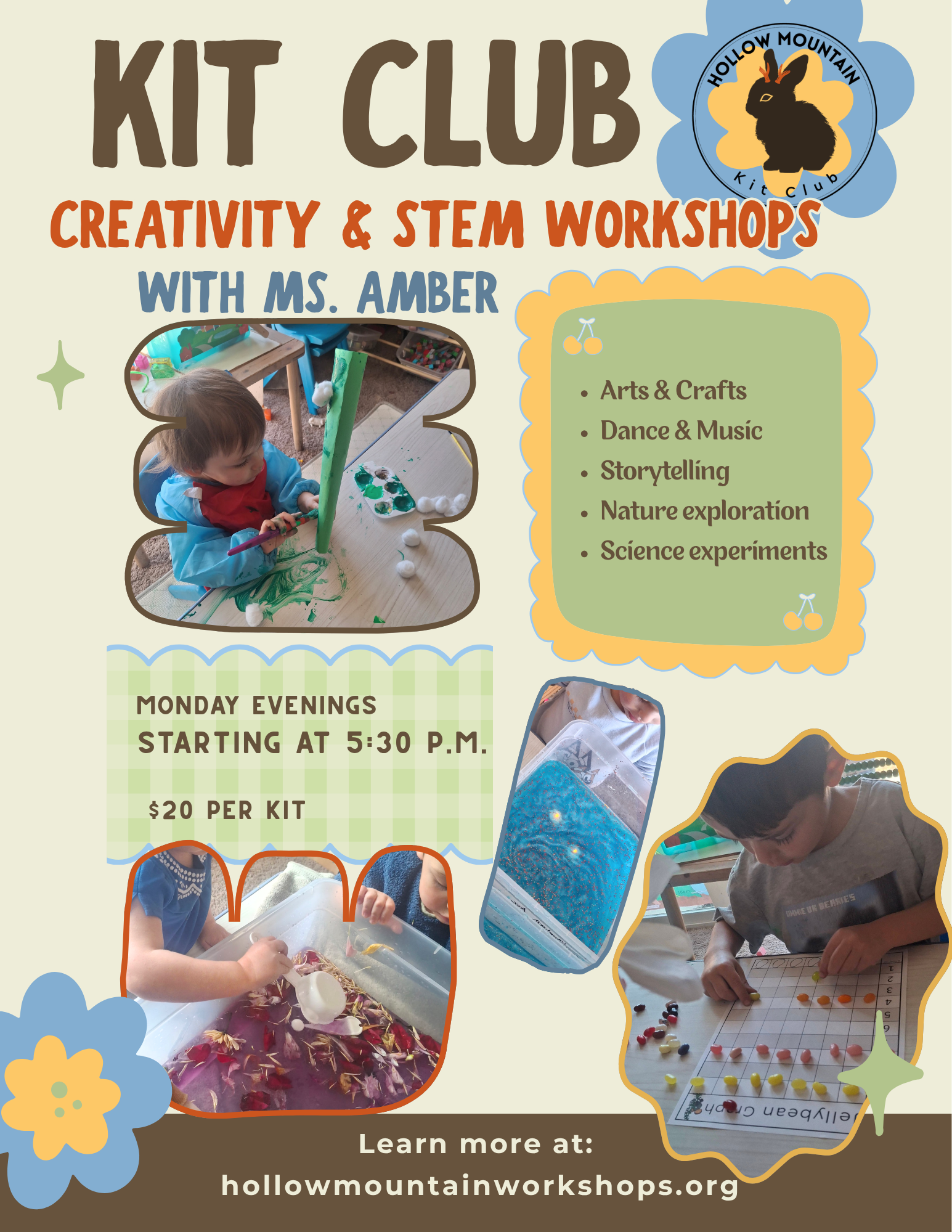 Kit Club creativity and STEM workshops flyer with Ms. Amber, featuring arts and crafts, dance, music, storytelling, nature exploration and science experiments on Monday evenings.